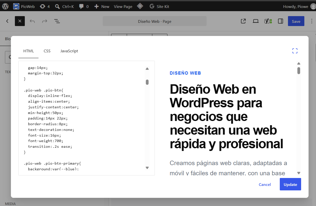 Captura real del editor de WordPress durante la creación de una página web de PioWeb